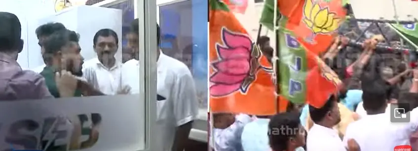 Muslim Youth league protestors charged the KSEB Kondotty section office while Palakkad saw BJP protests outside the Electricity Minister's residence | Photo: Mathrubhumi
