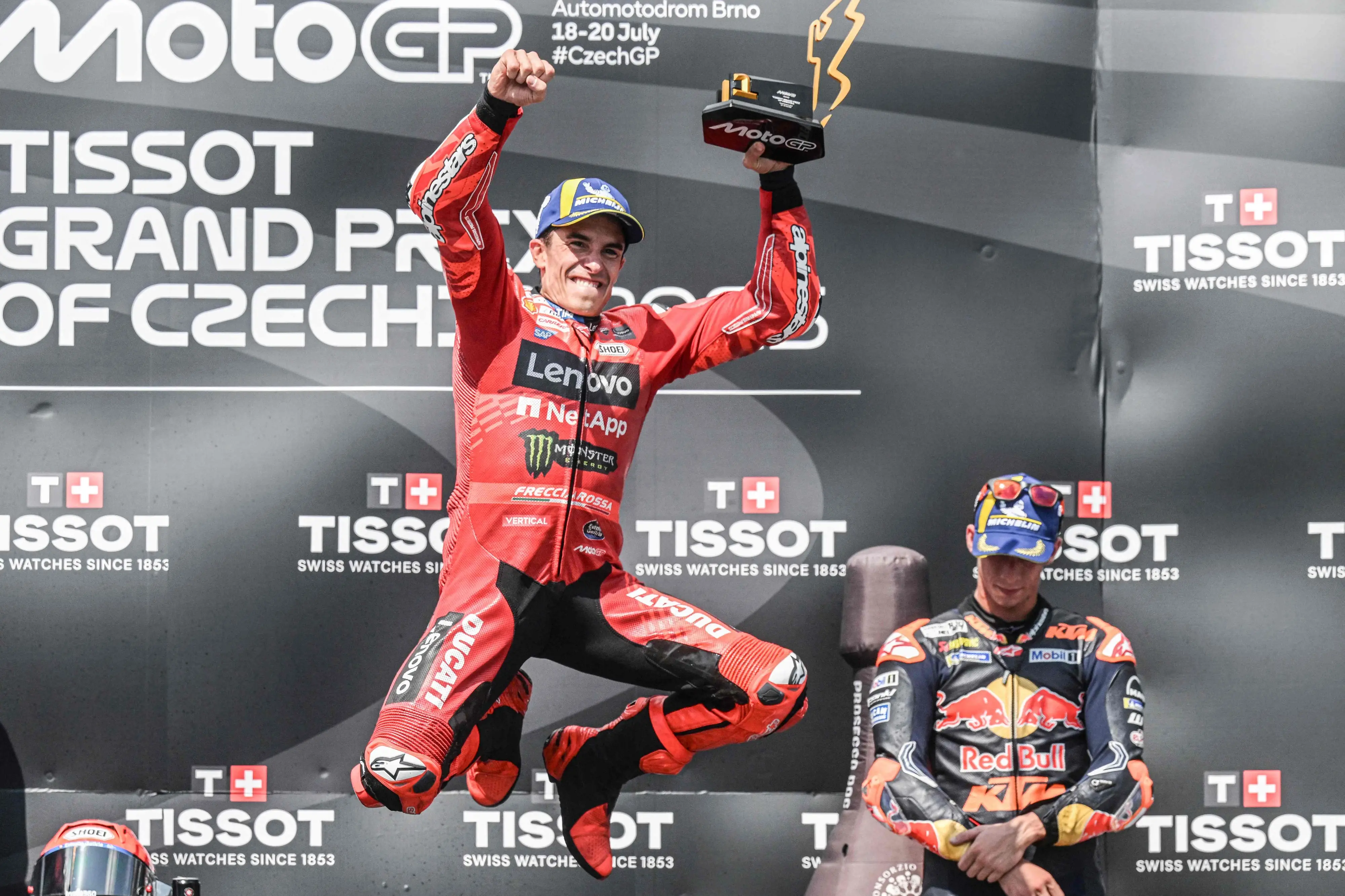 First-place Ducati Lenovo Team's Spanish MotoGP rider Marc Marquez celebrates after winning the motorcycle Czech Moto GP at the Masaryk circuit in Brno | Photo: AFP