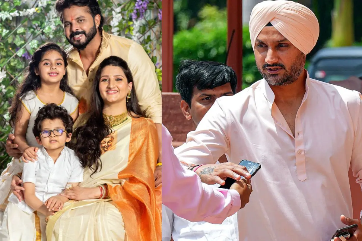 From left: Sreesanth with his wife Bhuvneshwari Kumari, daughter Sanvika, and son Suryasree; Harbhajan. | Photos: MBI/Agencies