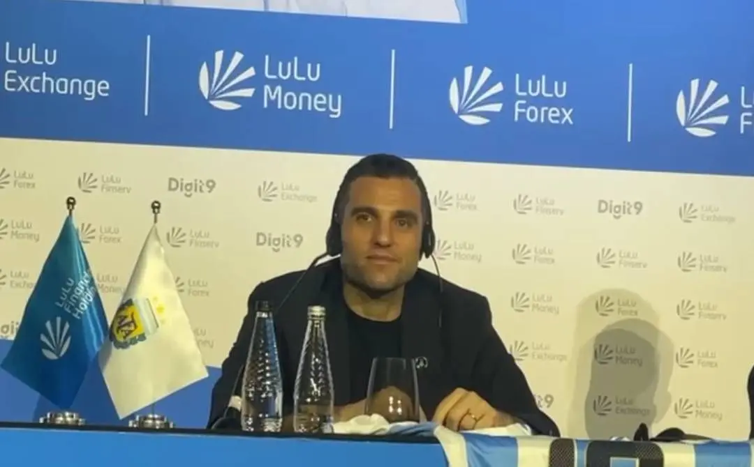 Leandro Petersen, marketing director of the Argentina football team, speaks to the media