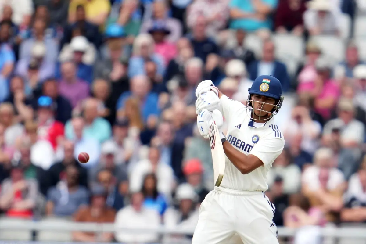 India's Yashasvi Jaiswal plays a shot during the fourth cricket test match between England and India at Emirates Old Trafford, Manchester, England. Photo: AP