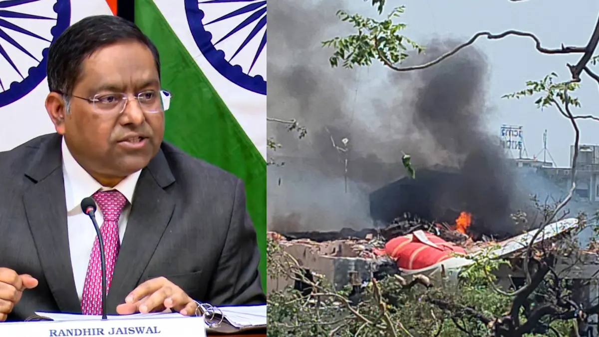 From (L) MEA spokesperson Randhir Jaiswal, AI flight crash site | File Photos/Agencies