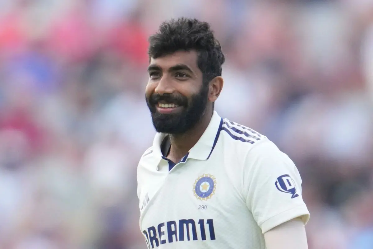 Bumrah smiles as he celebrates the dismissal of England's Jamie Smith on the third day of the fourth cricket test match between England and India at Emirates Old Trafford. Photo: AP