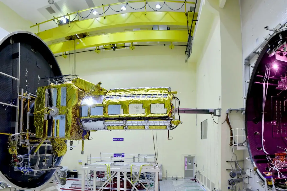 A view of the first joint satellite, NISAR, of the Indian and US space agencies | Photo: ANI