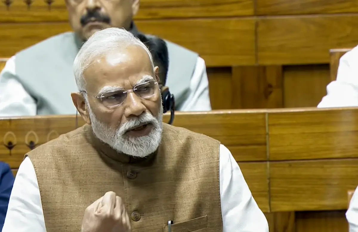 Prime Minister Narendra Modi speaks during a debate in the Lok Sabha on the Pahalgam terror attack and Operation Sindoor, at the Monsoon session of Parliament, in New Delhi | Photo: PTI