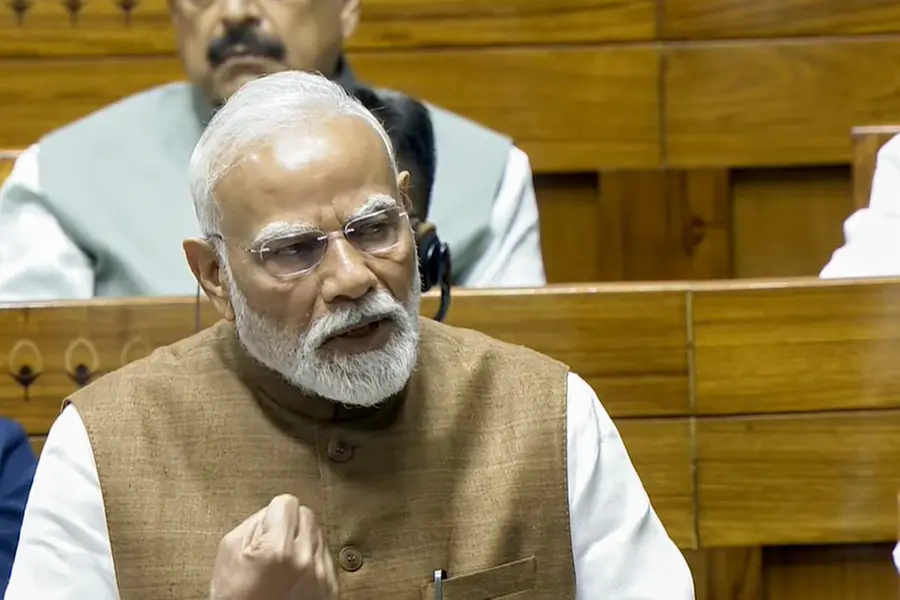 Prime Minister Narendra Modi speaks during a debate in the Lok Sabha on the Pahalgam terror attack and Operation Sindoor, at the Monsoon session of Parliament, in New Delhi