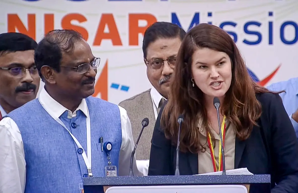 NASA's deputy associate administrator Casey Swails addresses the scientists and other officials after ISRO's launch vehicle GSLV-F16 successfully injected the NISAR earth observation satellite in designated orbit, at the Satish Dhawan Space Centre, in Sriharikota | Photo: PTI