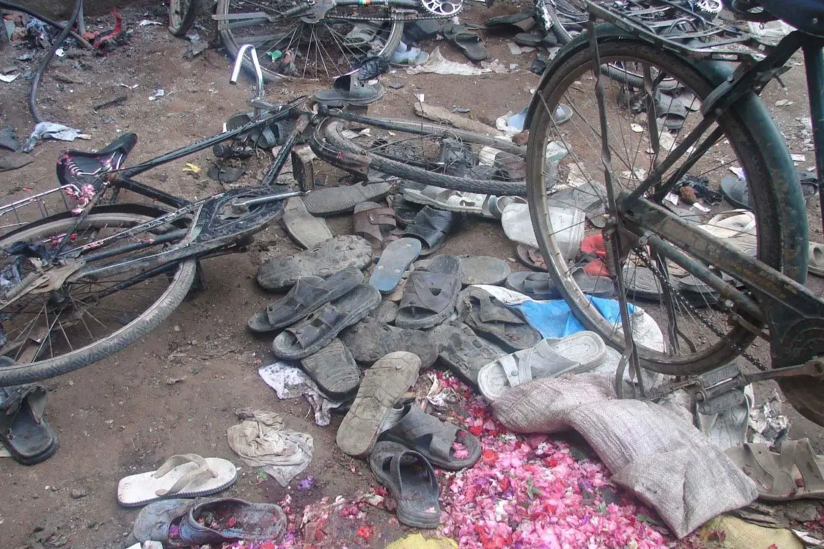 Cycles and shoes lying at the bomb blast site outside a mosque in Malegaon