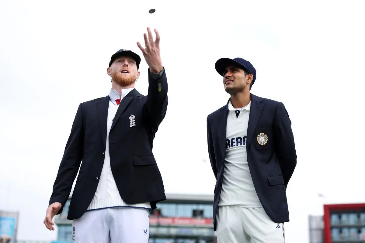 England's captain Ben Stokes flips the coin as India's captain Shubhman Gill looks on at the toss for their 4th test match, at Old Trafford stadium in Manchester on Wednesday. (@BCCI X/ANI Photo)