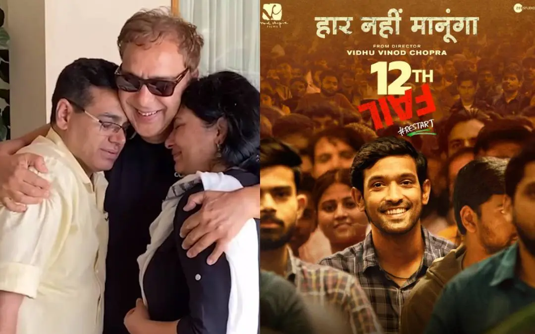 From (R) 12th fail poster, Manoj Sharma and Shraddha Joshi with Vidhu Vinod Chopra. I Photo: screengrab, www.instagram.com/vikrantmassey/