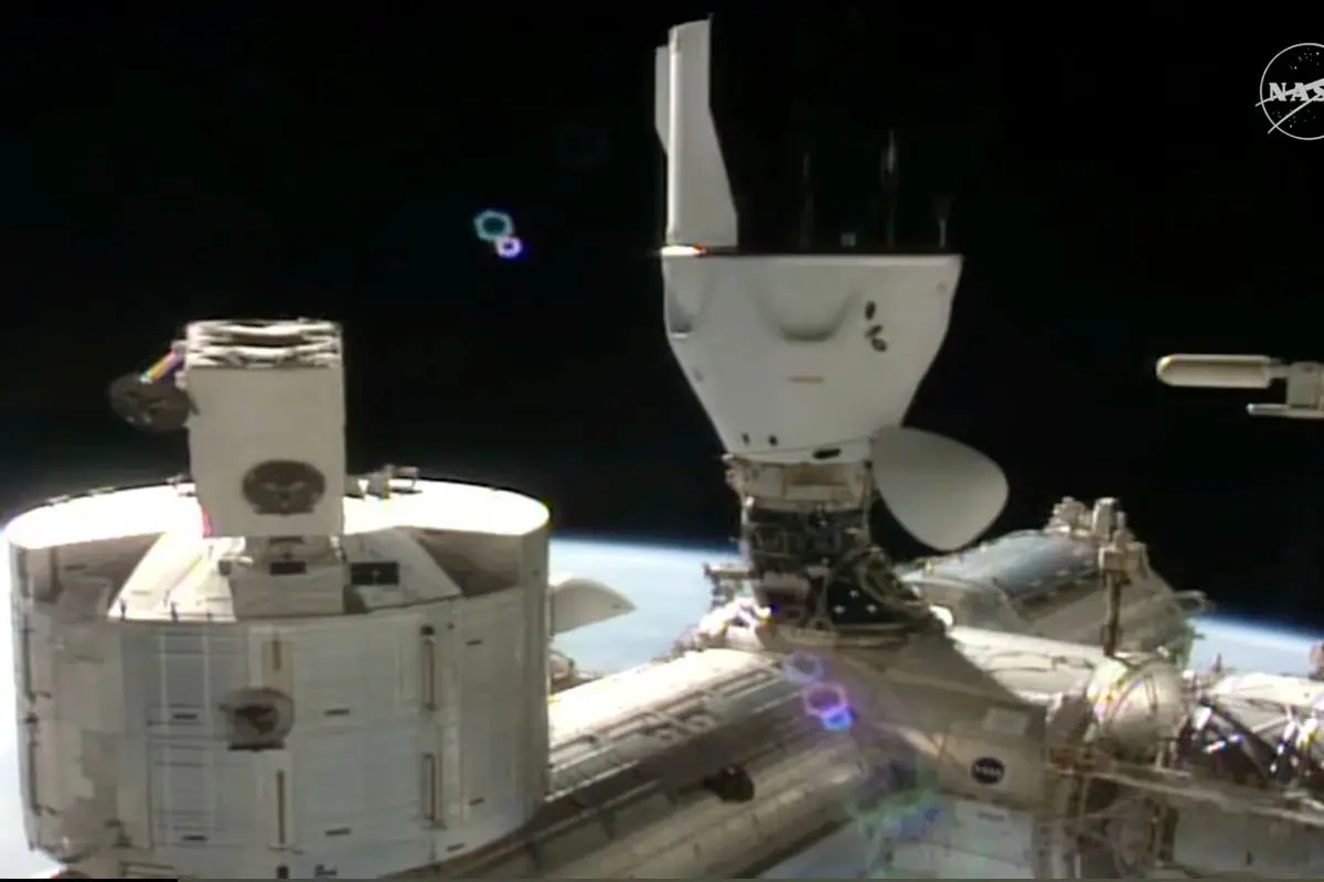 The image made from video provided by NASA and SpaceX shows the docked SpaceX capsule to the International Space Station Saturday Aug. 2, 2025 | AP