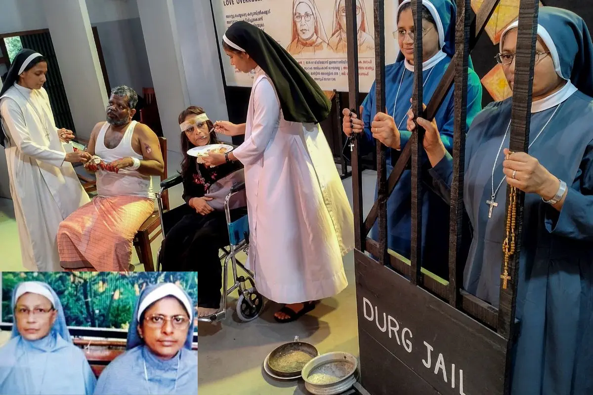 From a protest act staged against the arrest of the two Kerala nuns in Kozhikode; The nuns who were granted bail (inset)