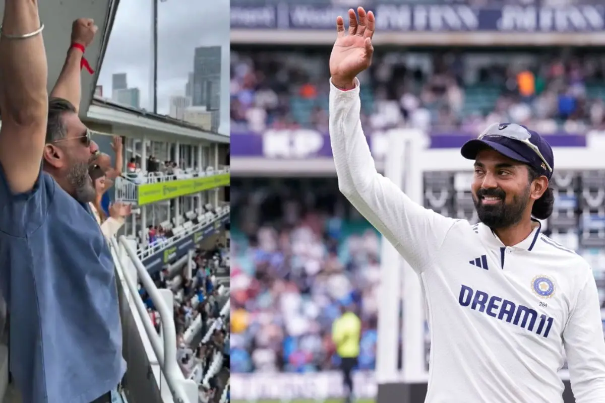 From (L) Suniel Shetty cheering for Team India; KL Rahul waving at fans. | Photos: X/Agencies
