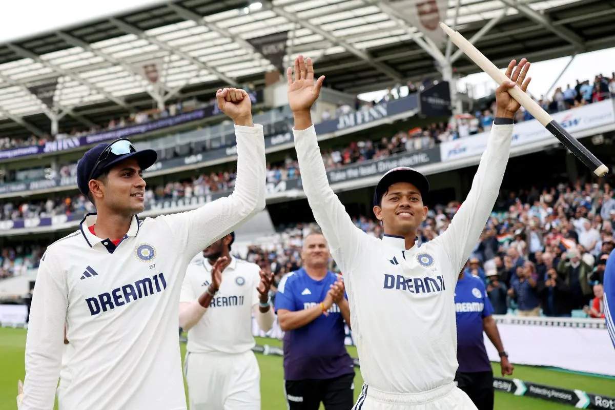 India captain Shubman Gill and teammate Yashasvi Jaiswal celebrate after defeating England by 6 runs in the 5th test match of Anderson-Tendulkar Series, at Kennington Oval stadium in London on Monday. | Photo: BCCI X/ANI Photo