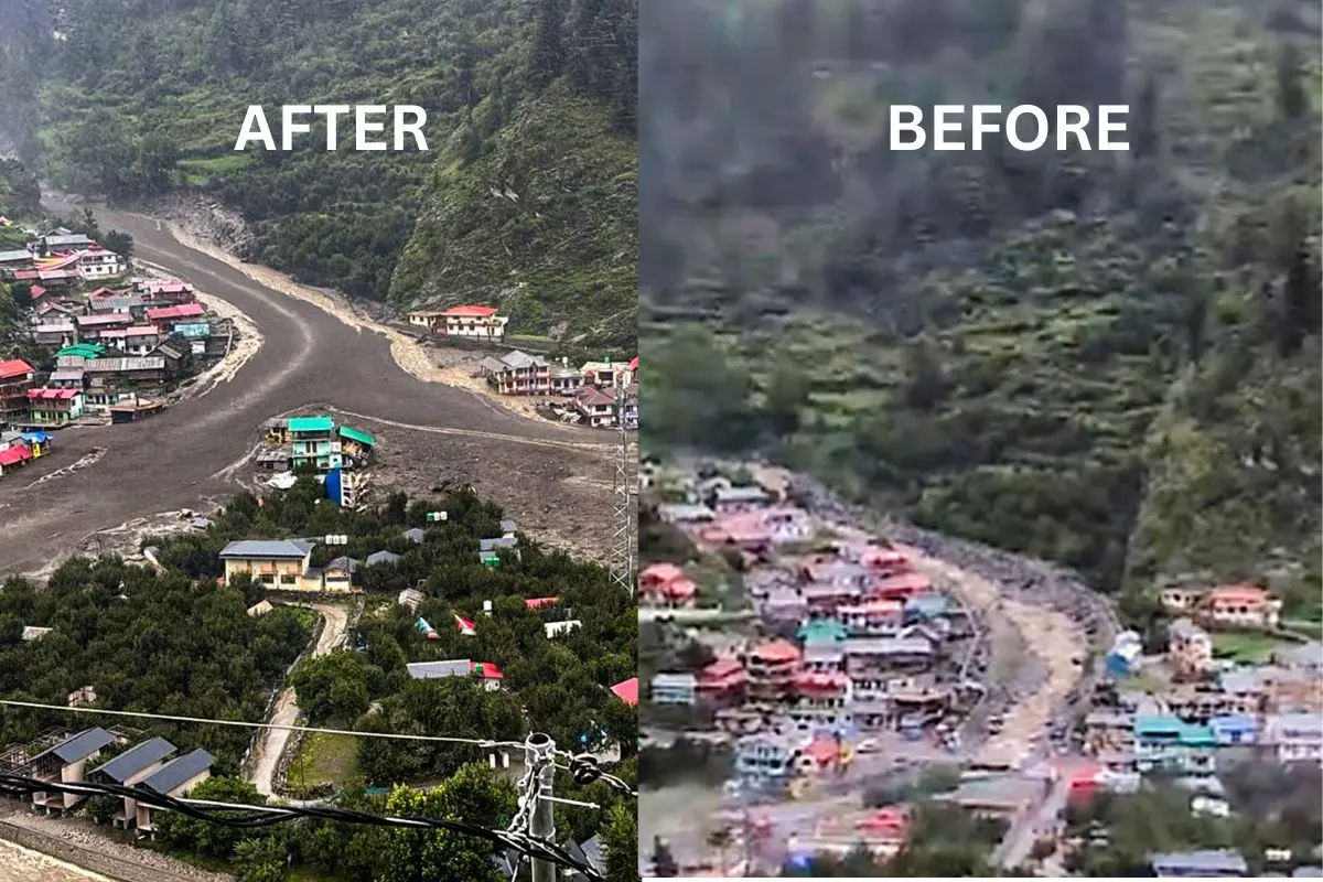 In this combo of two images, the before after view of an inhabitated area damaged in a flash flood triggered by a cloudburst at Dharali