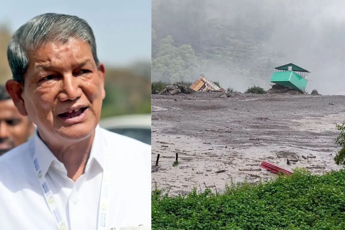 Former Uttarakhand Chief Minister Harish Rawat,  A view of the massive mudslide that struck Dharali village in the Kheer Gad area (Photo: PTI, ANI)