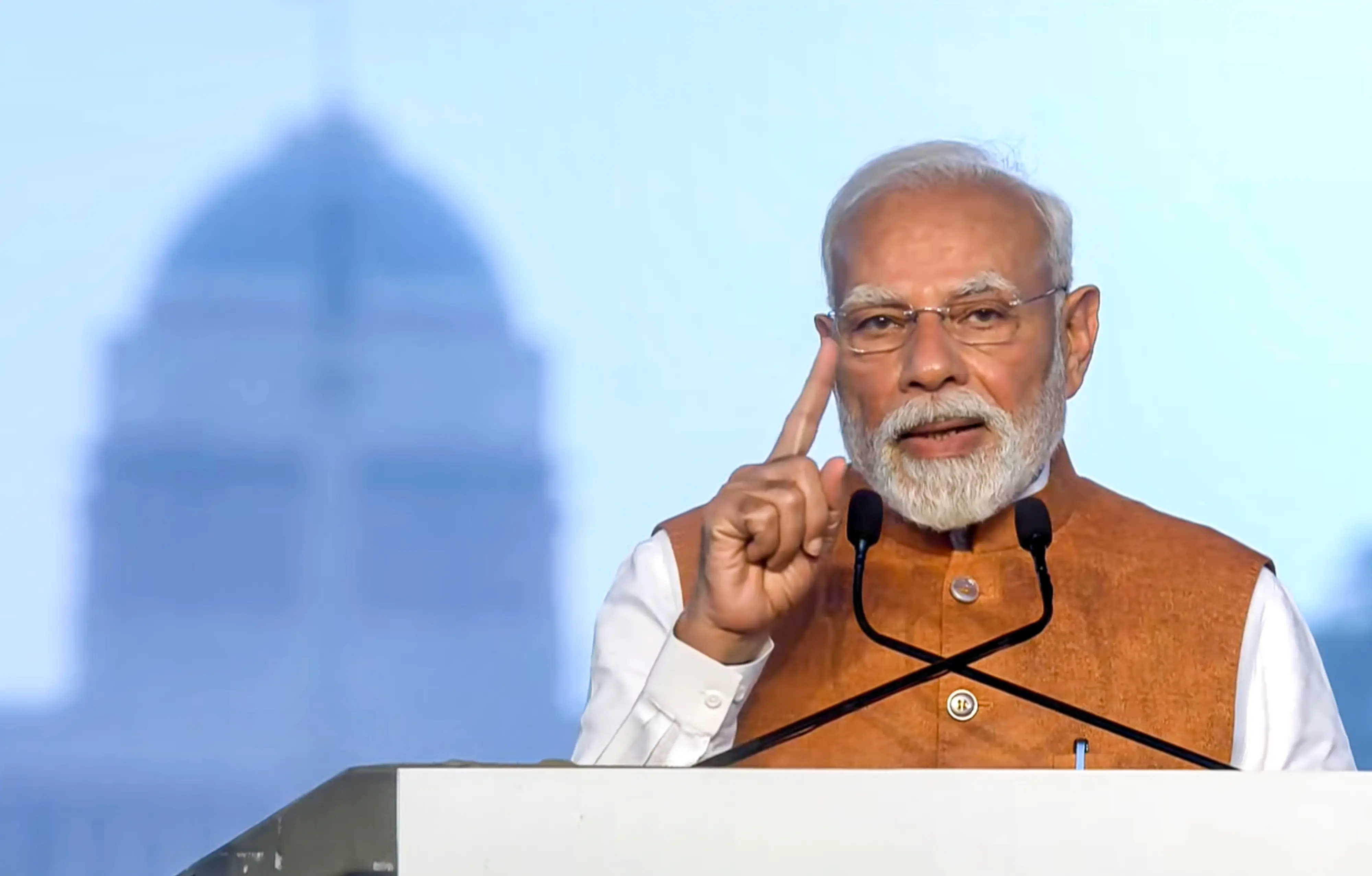 Prime Minister Narendra Modi addresses a gathering during a public program at Kartavya Path | Photo: PTI