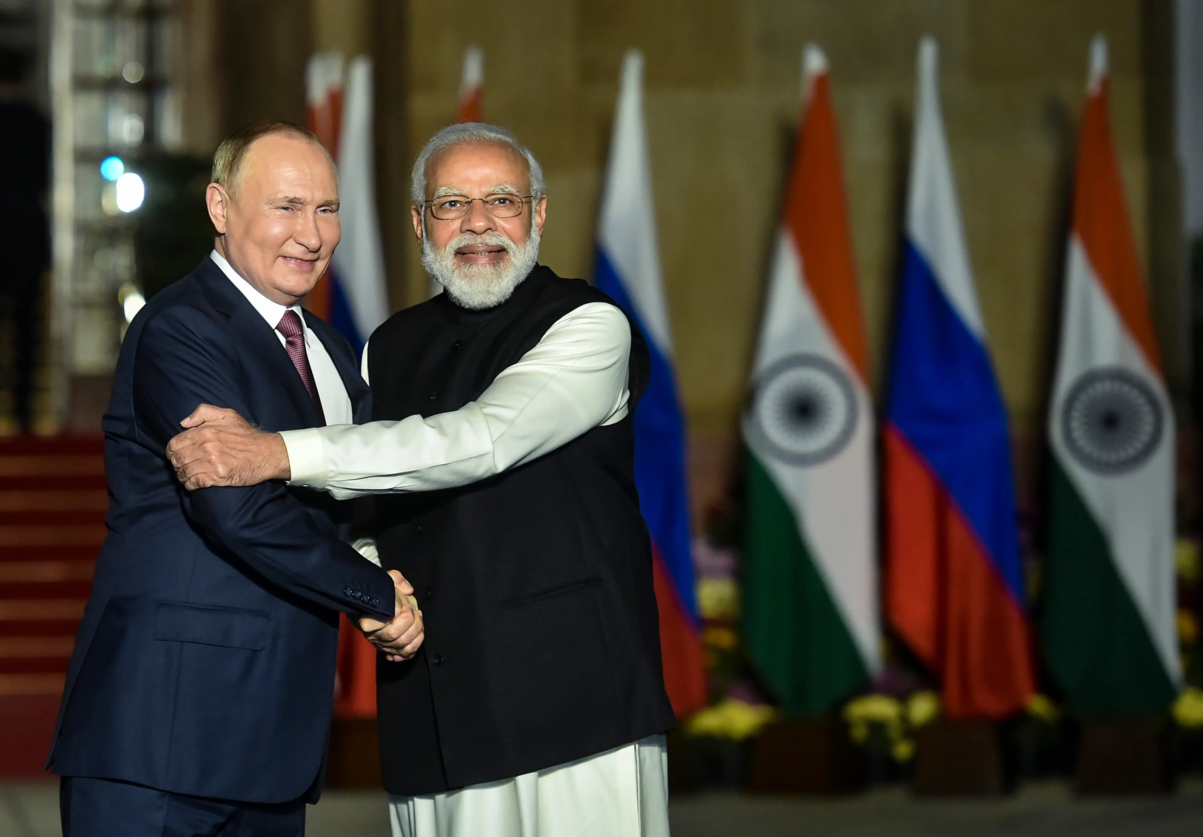 Prime Minister Narendra Modi receives Russian President Vladimir Putin for a meeting at Hyderabad House in New Delhi | File photo: PTI
