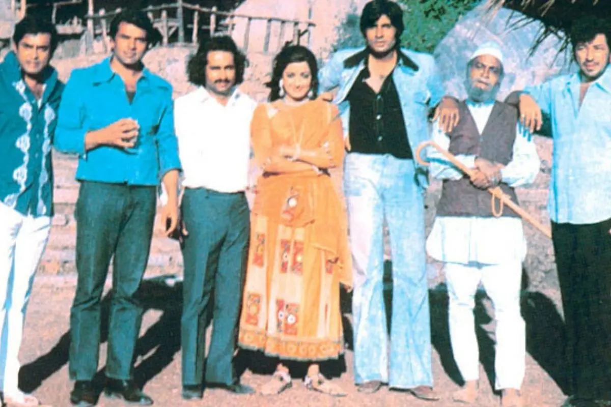 The legendary cast of Ramesh Sippy's Sholay (1975) - Dharmendra, Amitabh Bachchan, Sanjeev Kumar, Amjad Khan, Hema Malini, and Jaya Bachchan - in the film that defined Bollywood for five decades. Photo: X