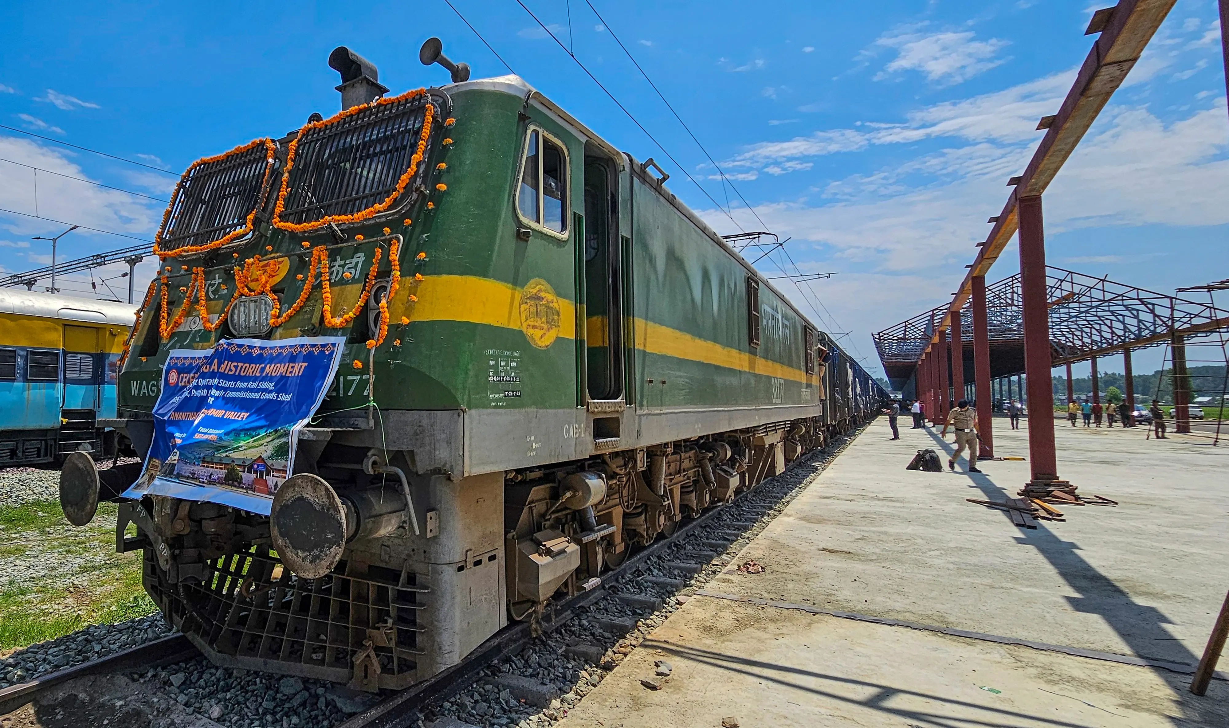 The first loaded freight train arrives at Anantnag railway station, J&K, Saturday, Aug. 9, 2025 | Photo: PTI