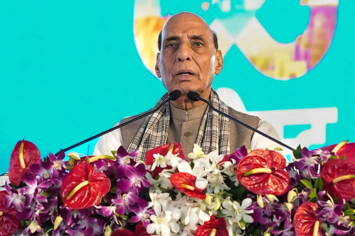 Defense Minister Rajnath Singh addresses the gathering during the groundbreaking ceremony for the BRAHMA Project | Photo: @DrMohanYadav51 on X
