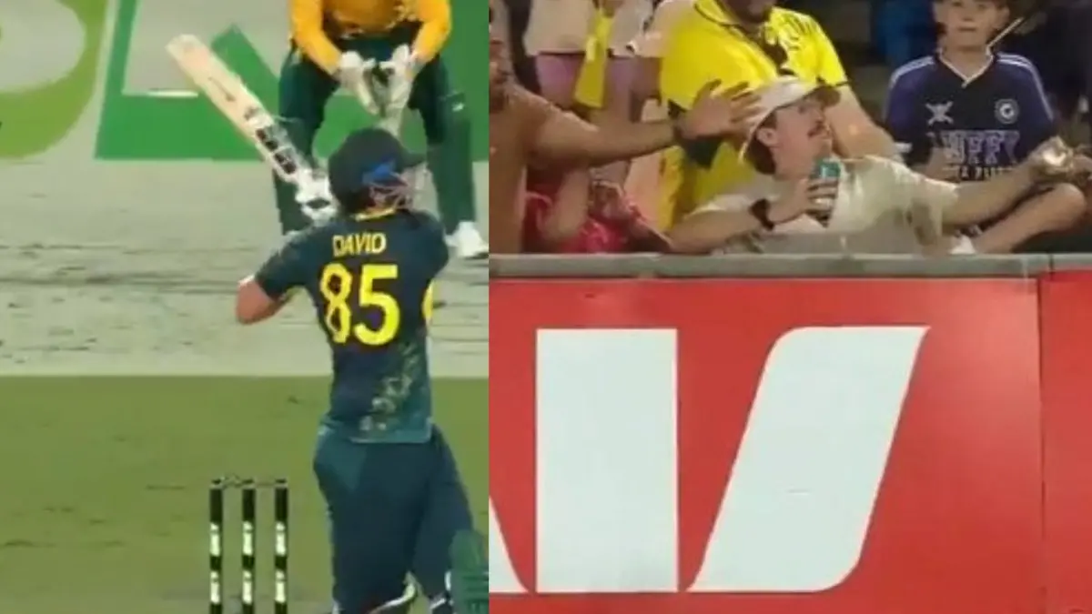 Harry Gill catches hold of the ball as Tim David sends in a flying six to the crowd. | Screengrab/X