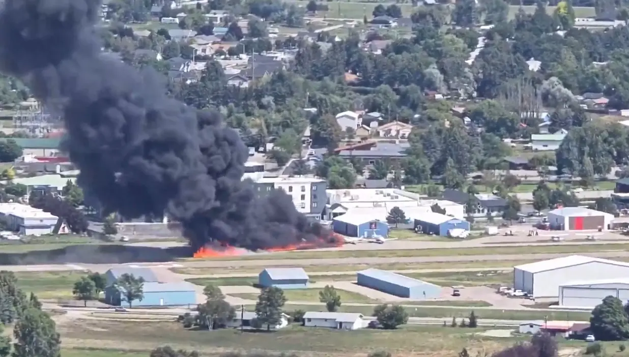 A screengrab from video shows smoke billowing from a plane that crash-landed at a Montana airport | X