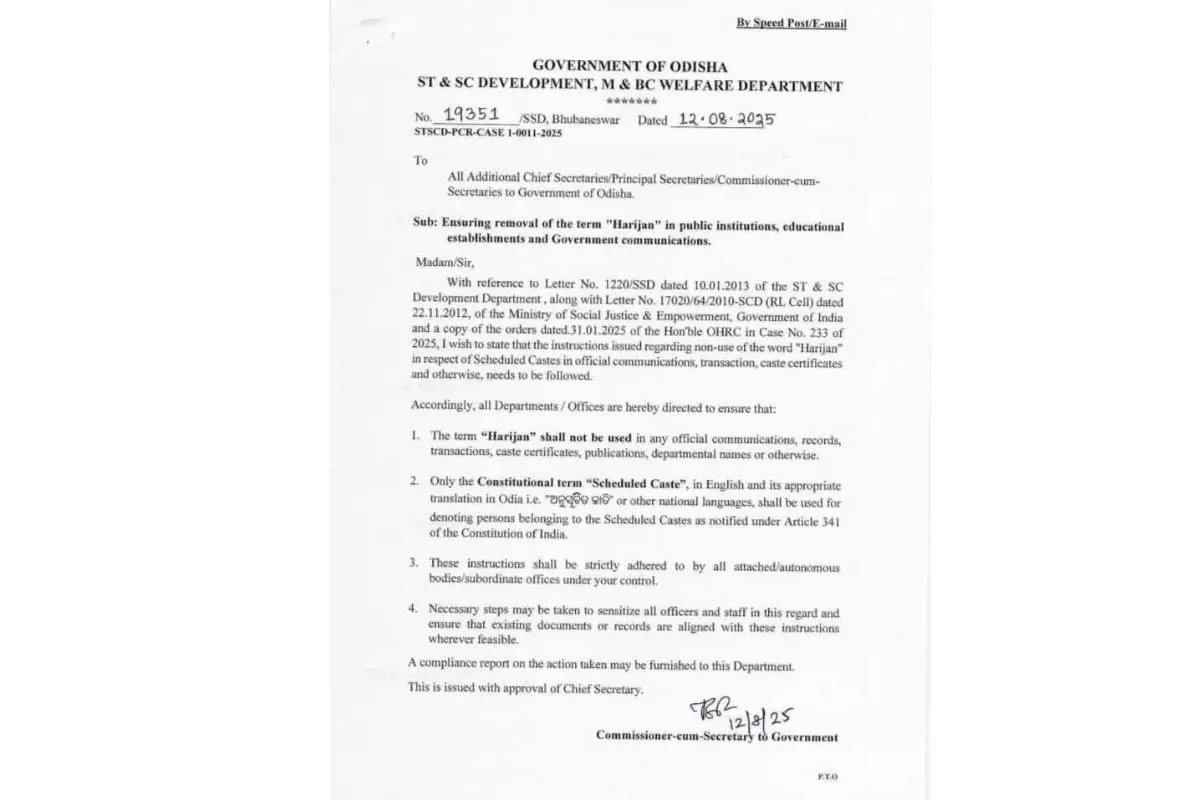 The order issued by the Odisha Government banning the usage of term 'Harijan'.