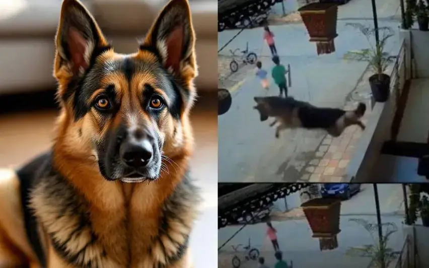 AI-generated image; video screengrab of the german shepherd rescuing the children/ X @gharkekalesh