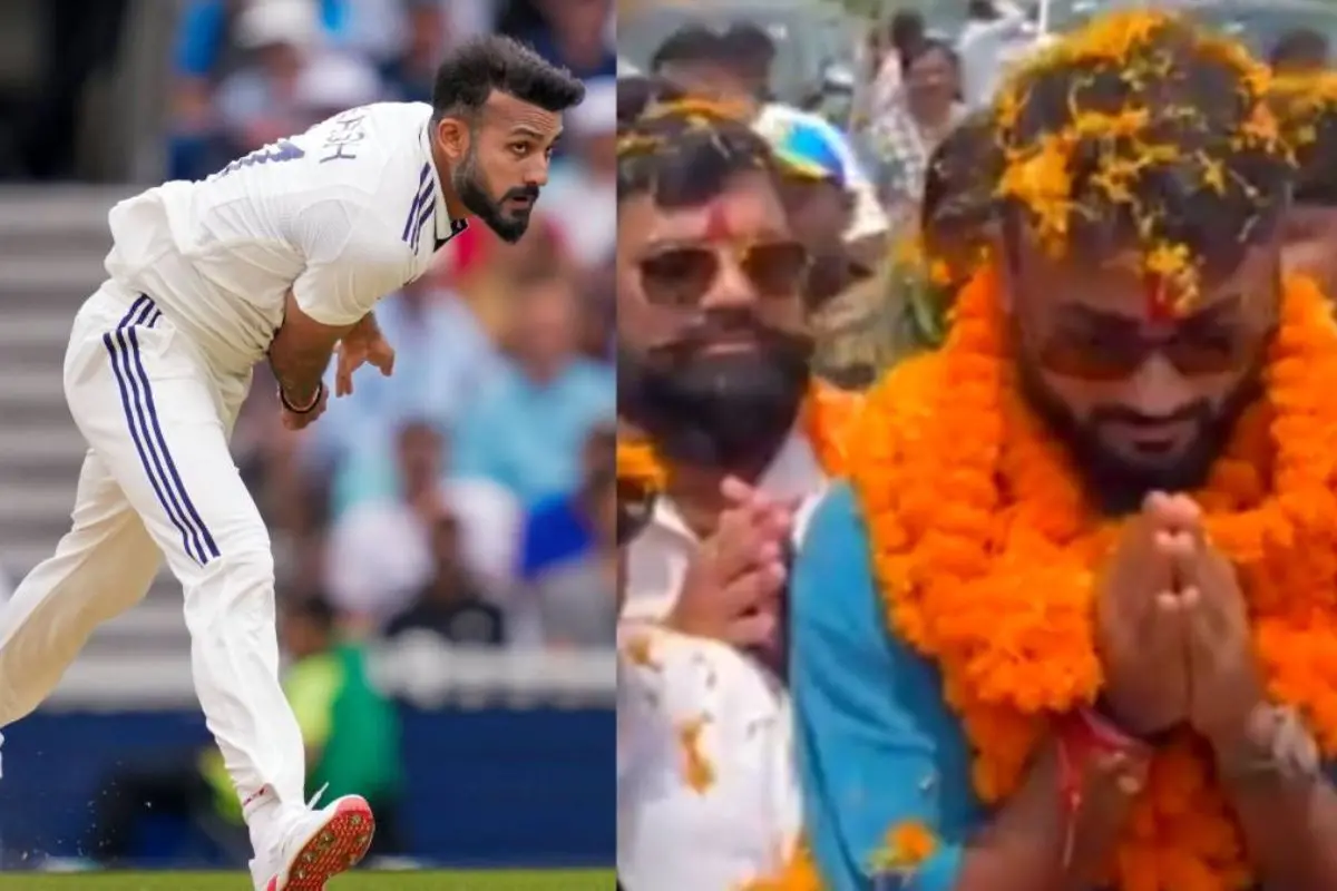 From (L) Akash Deep amidst action; Cricketer being garlanded in hometown. | Photos: Agencies/X