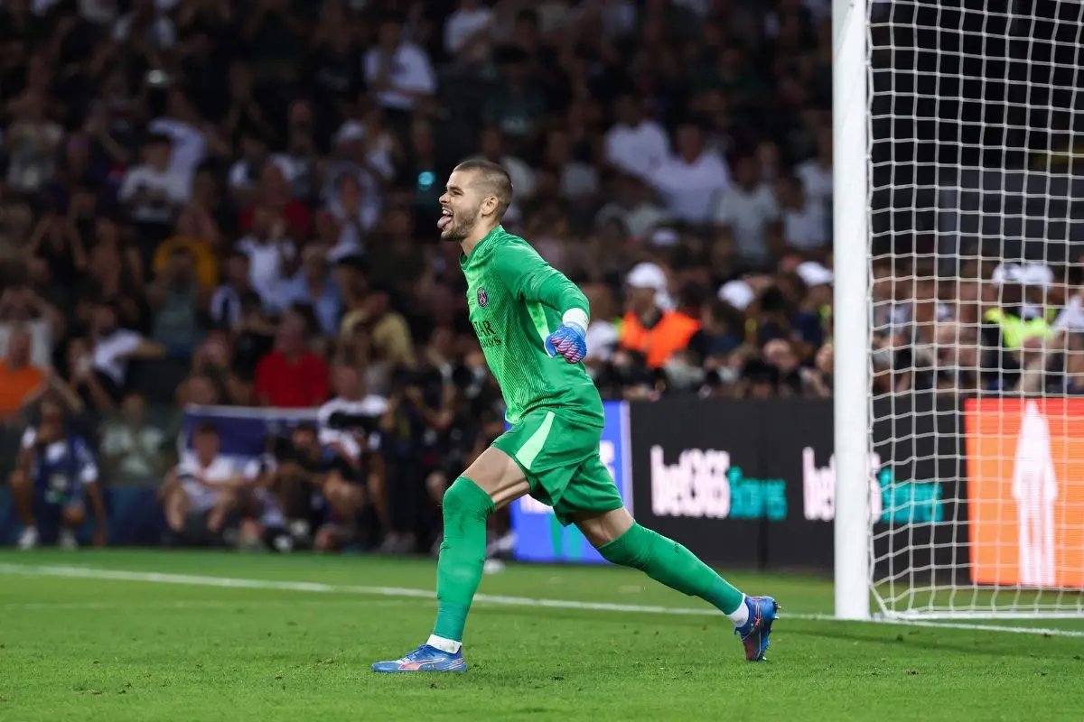Paris Saint-Germain's French goalkeeper #30 Lucas Chevalier reacts during the penalty shootout at the end of the 2025 UEFA Super Cup final football match between Paris Saint-Germain (FRA) and Tottenham Hotspur FC (ENG) at the Friuli stadium in Udine. | Photo: AFP