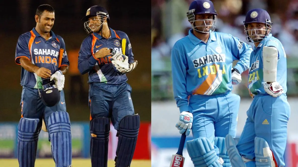 From (L) MS Dhoni and Virender Sehwag; Sachin Tendulkar and Virender Sehwag. | File Photos/Agencies