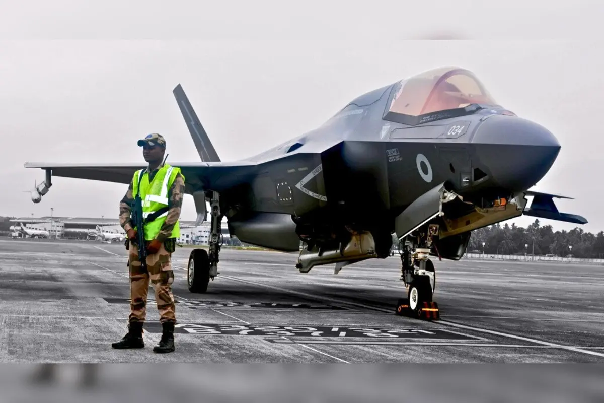 Central Industrial Security Force (CISF) secures the Royal Navy F-35B fighter jet after its emergency landing at Thiruvananthapuram International Airport | File photo: ANI