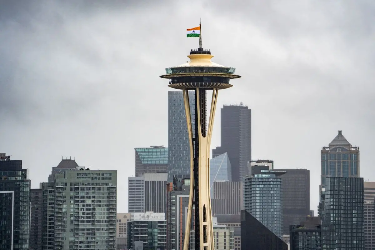 The Indian Tricolour flutters proudly atop Seattle's 605-ft Space Needle - the first time a foreign flag has ever been raised at the iconic landmark. Photo: X