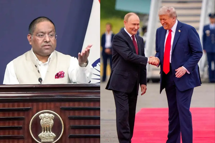 MEA Spokesperson Randhir Jaiswal (L), U.S. President Trump And Russian President Putin