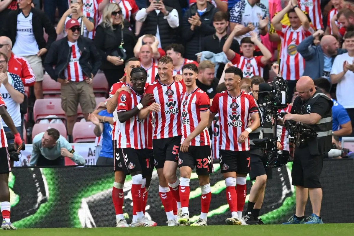 Sunderland's Northern Irish midfielder #05 Daniel Ballard (C) celebrates with teammates after scoring their second goal during the English Premier League | Photo: AFP
