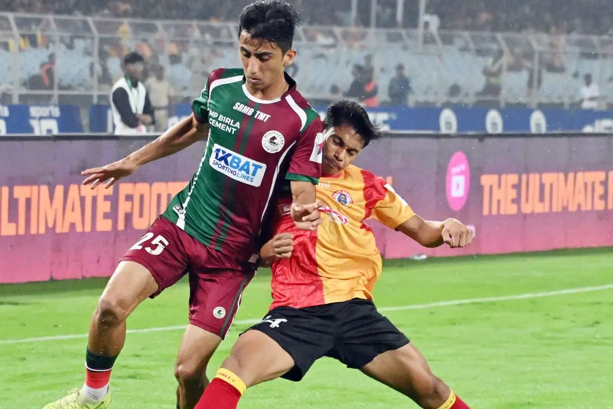 Players in action during the match between East Bengal FC vs Indian Air Force at Kishore Bharati Krirangan in the 134th Durand Cup, in Kolkata on Sunday. Photo: ANI