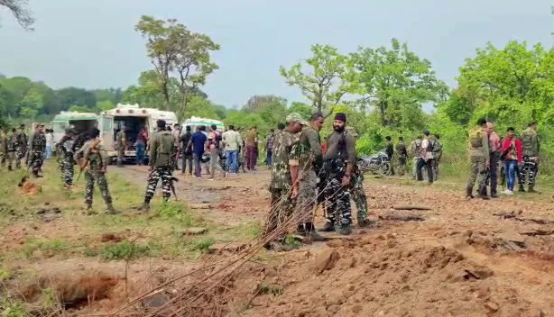 Security personnel stand guard at the incident site after an IED attack by the Naxals in Chhattisgarh | File photo: ANI