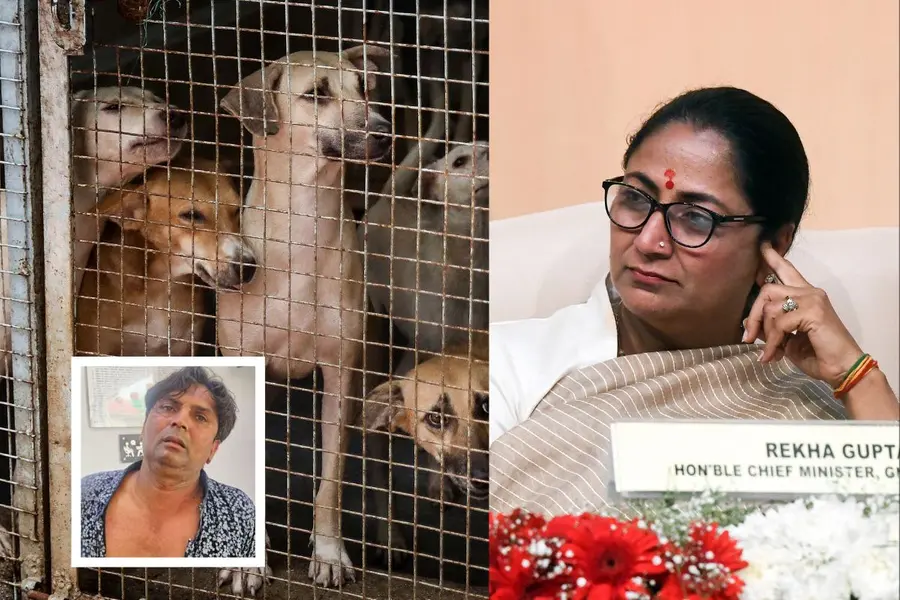 Delhi CM Rekha Gupta (right); inset: Rajesh Sakaria, the accused
