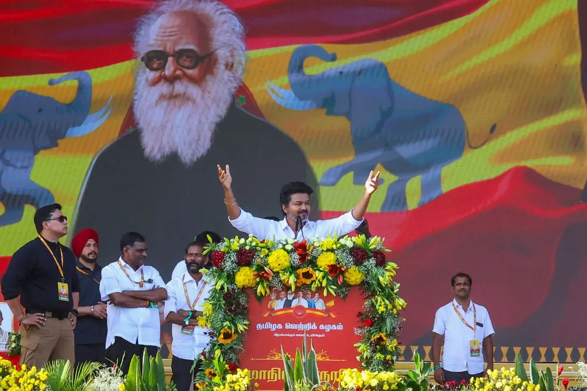 amilaga Vettri Kazhagam (TVK) President Vijay addresses the party's second State-level conference, in Madurai, Thursday, Aug. 21, 2025. Photo: PTI