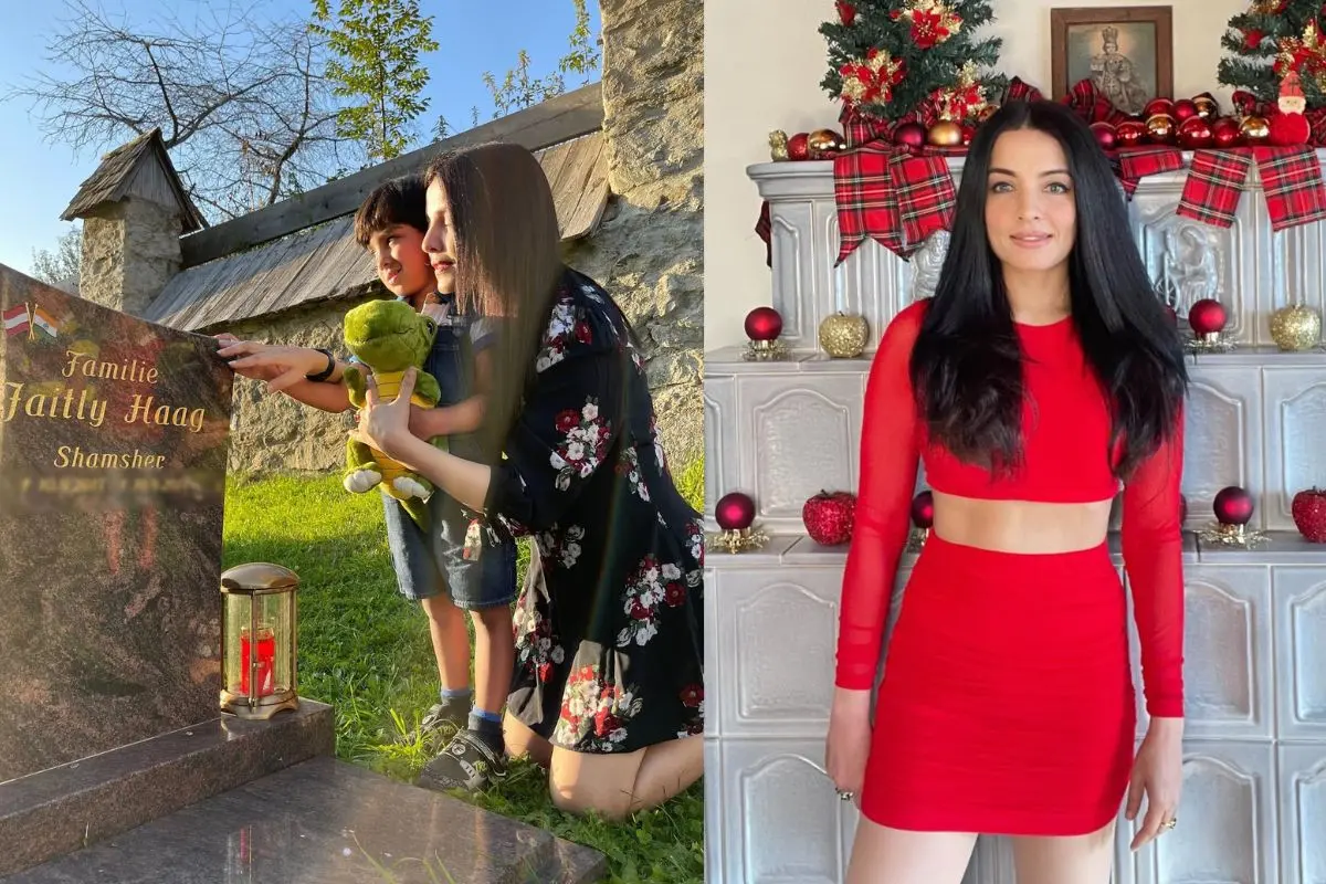 Celina Jaitly with her son Arthur at Shamsher's gravesite