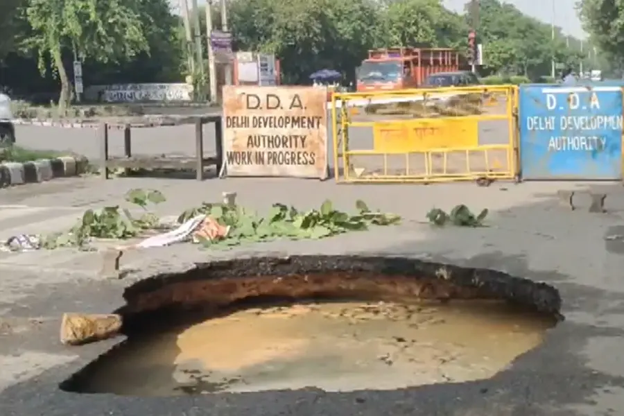 Road caves in near National Law University in Delhi's Dwarka
