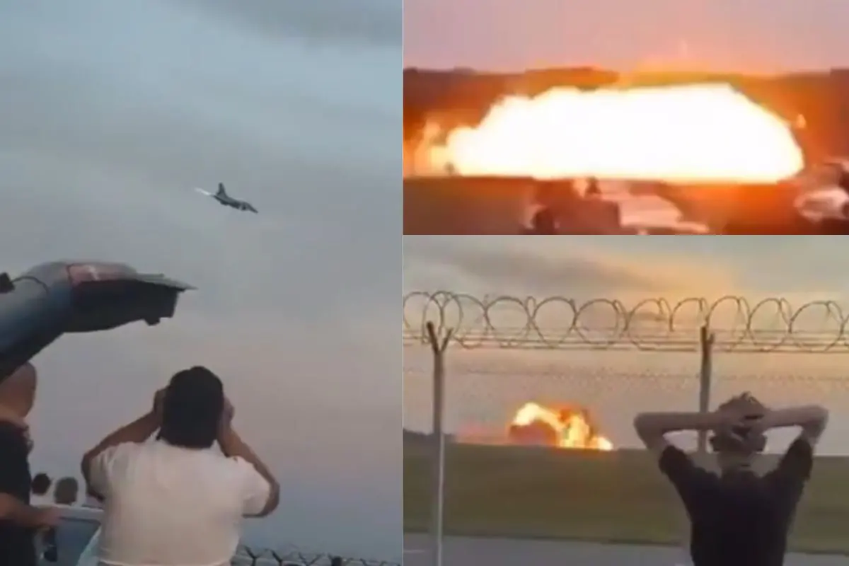 Polish Air Force F-16 performs a barrel-roll before crashing and bursting into flames during an airshow rehearsal in Radom, Poland