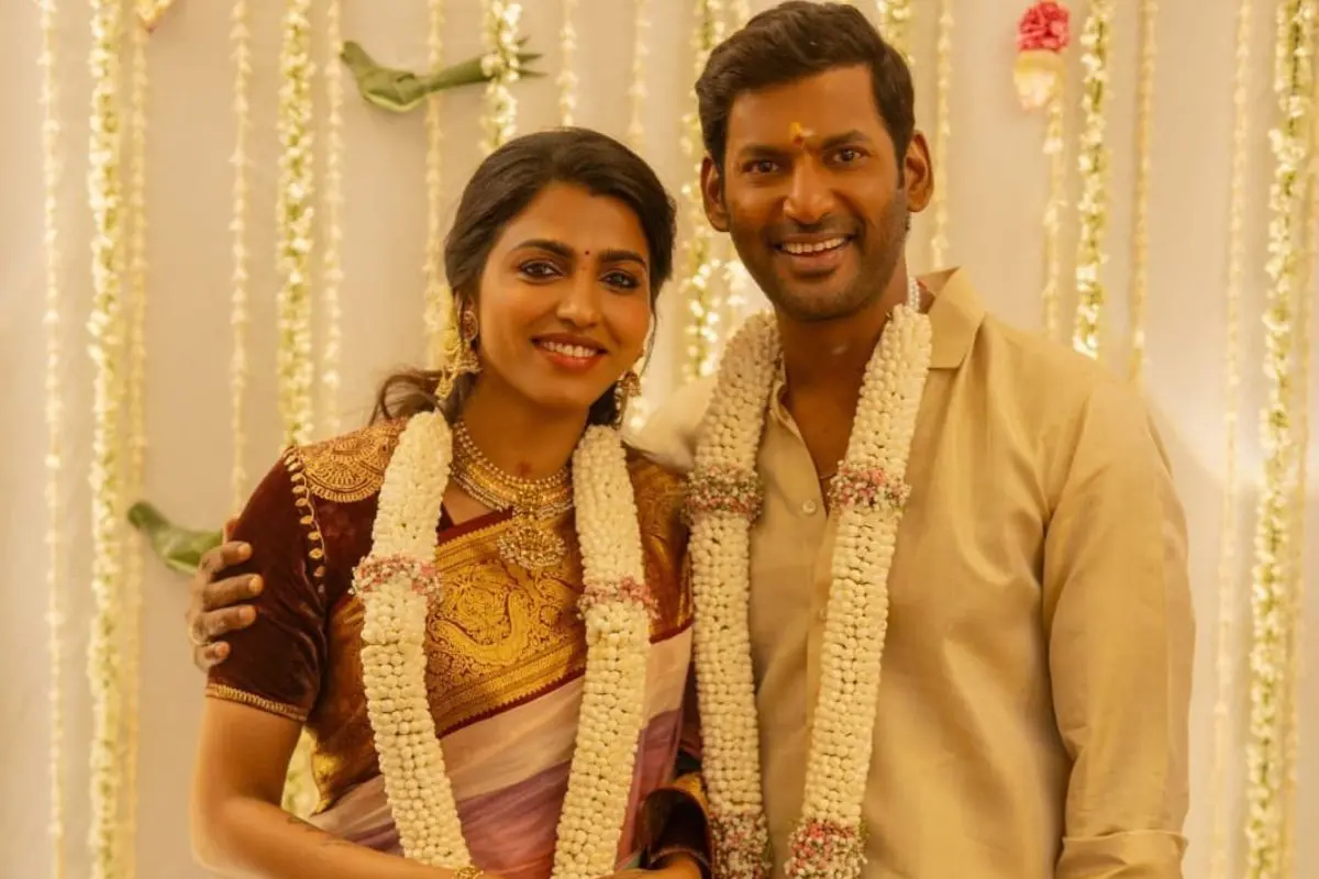 Actors Vishal and Sai Dhanshika celebrate their engagement on Vishal's 47th birthday. Photo: X