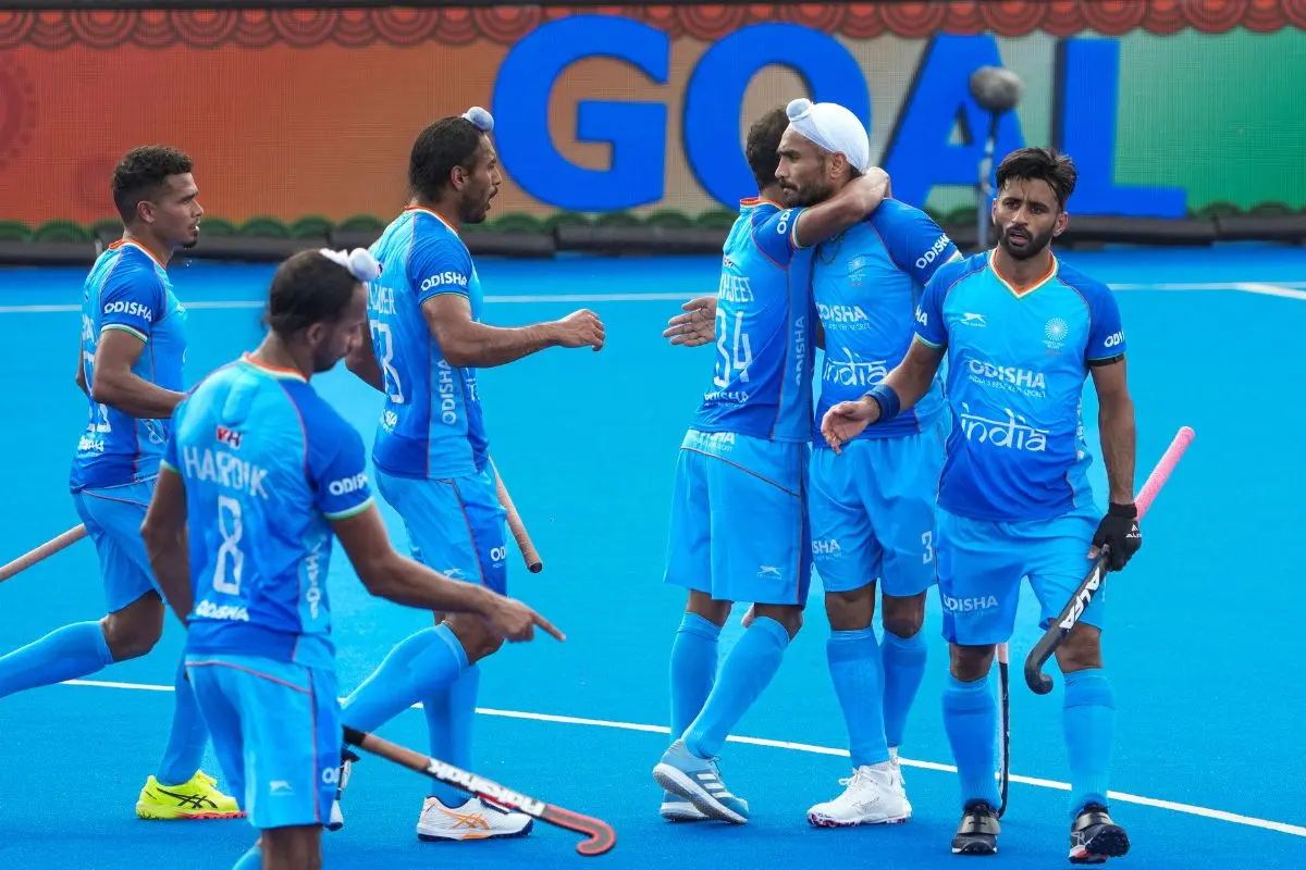 India's Jugraj Singh, Sukhjeet Singh, Manpreet Singh and others celebrate a goal during a Men's Hockey Asia Cup 2025 match between India and China, in Rajgir, Bihar, Friday, Aug. 29, 2025. Photo: PTI