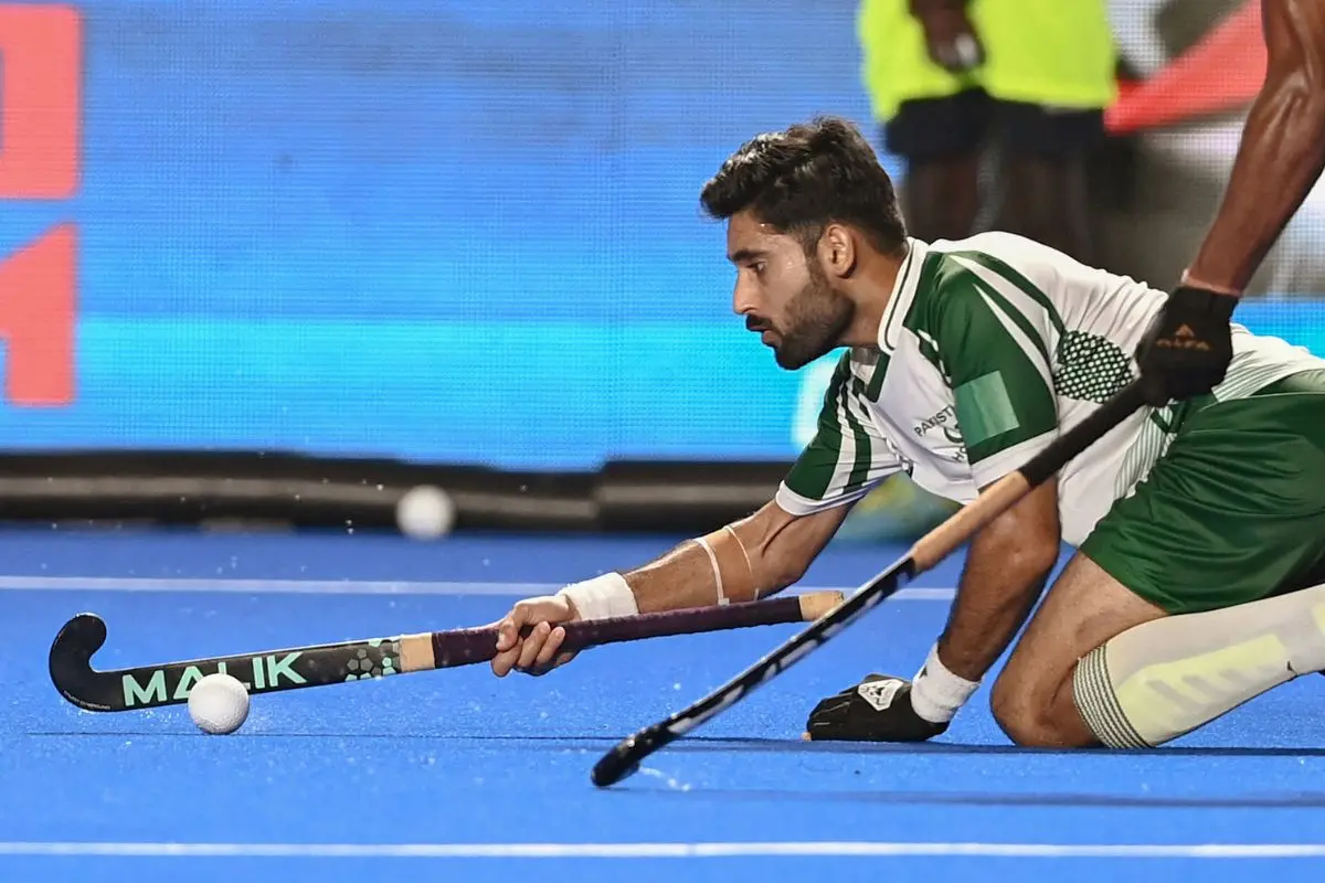 Pakistan's Abdul Rana stretches for the ball during the Asian Champions Trophy 2023 hockey tournament match between India and Pakistan at the Mayor Radhakrishnan Hockey Stadium in Chennai on August 9, 2023. Photo: AFP