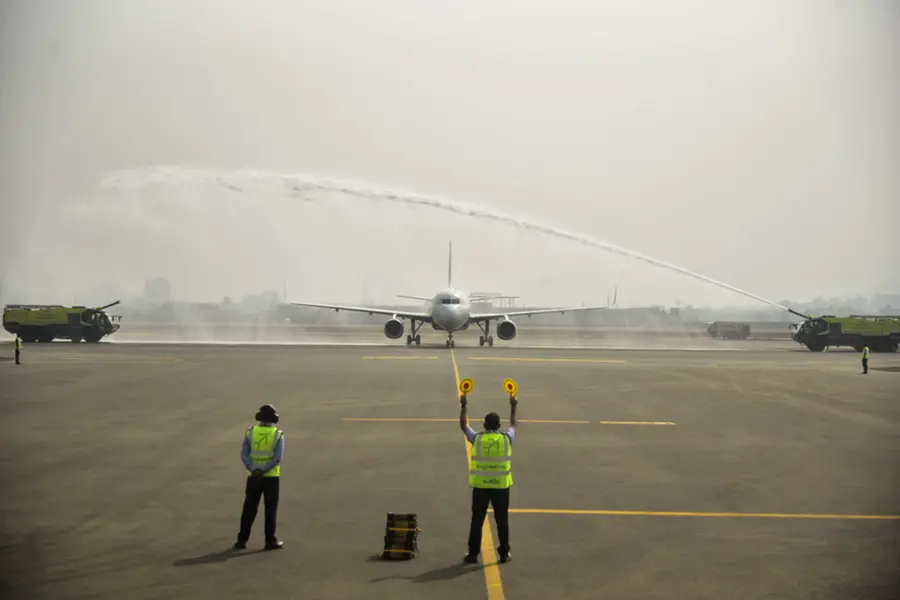 An Indigo aircraft makes its landing at Navi Mumbai International Airport