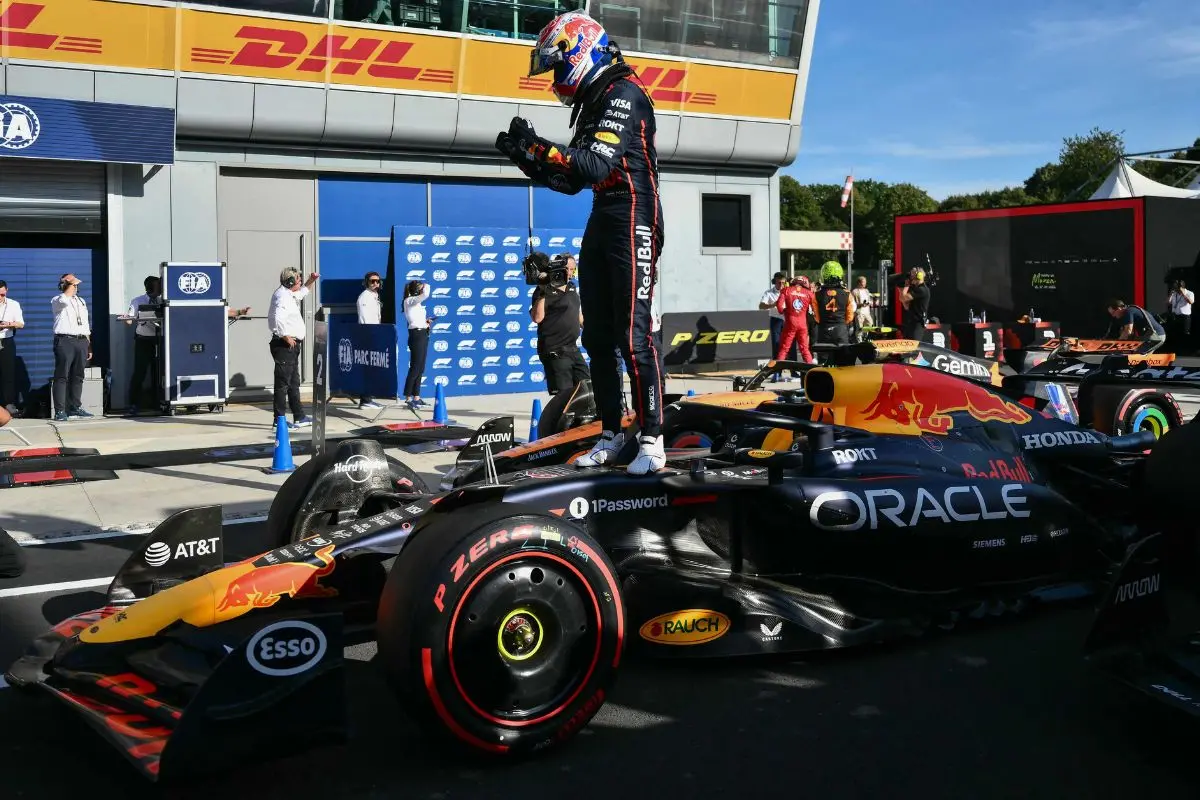 Red Bull Racing's Dutch driver Max Verstappen celebrates his pole position after the qualifying session | Photo: AFP