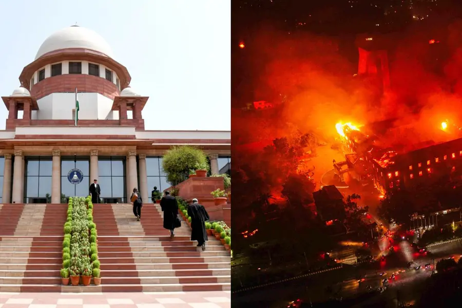 Supreme Court of India, Flames come out from the residence of Nepal President Ram Chandra Poudel after it was set on fire by protesters