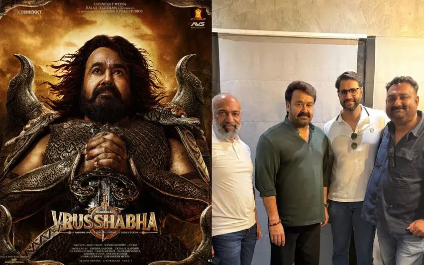 First look poster for 'Vrusshabha', Mohanlal during dubbing of the film | Photo: Special Arrangement, Instagram/ Abhishek S Vyas